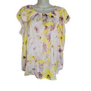 LC Lauren Conrad Blouse L White Yellow Floral watercolor spring bloomcore